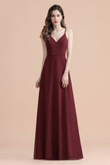 Elegant Spaghetti Straps V-Neck Chiffon Burgundy Long Bridesmaid Dress