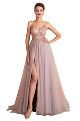 Long V-neck Tulle Beaded A-line Prom Dress with Slit