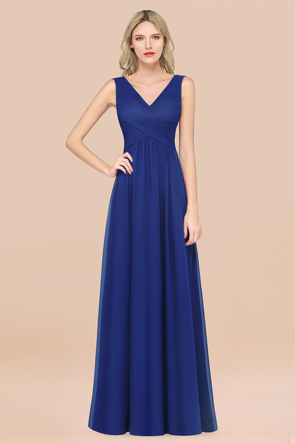 A-Line Chiffon Straps V-Neck Sleeveless Floor Length Bridesmaid Dress with Ruffles