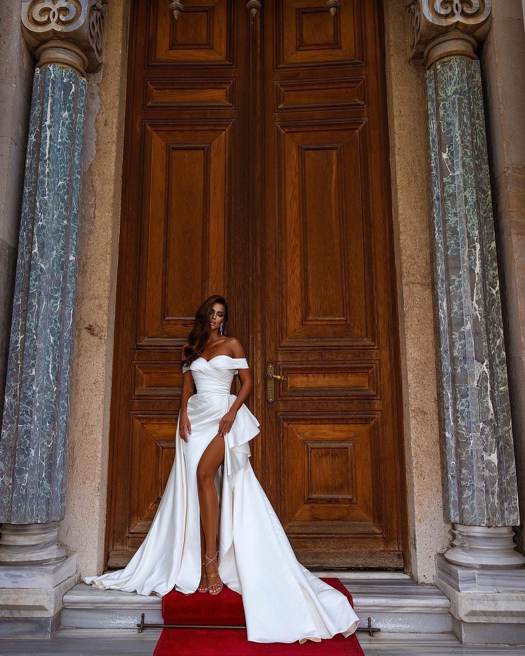 Simple Long Mermaid Off the Shoulder Satin Wedding dress with slit