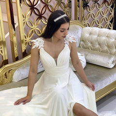 Simple Long A-line V-neck Lace Chiffon Wedding Dress with Slit