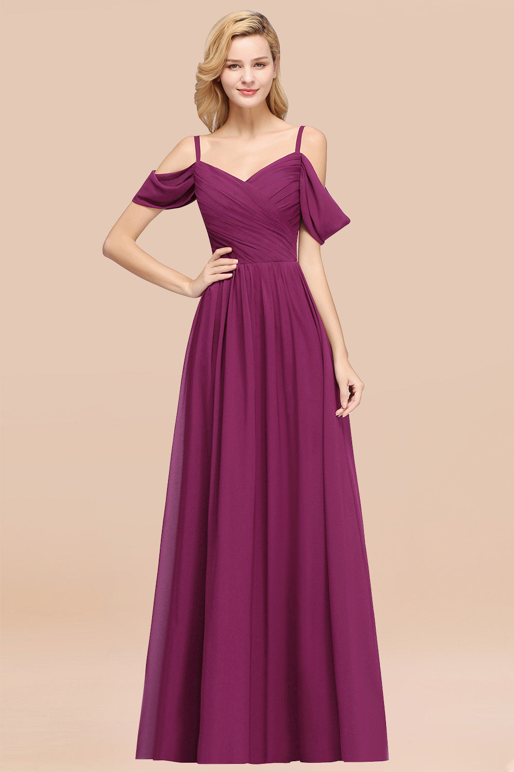 A-Line Chiffon V-Neck Spaghetti Straps Short Sleeves Floor Length Bridesmaid Dresses with Ruffles
