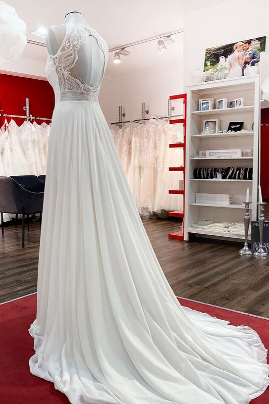 Modest Long A-line Chiffon Jewel Ruffles Appliques Open Back Wedding Dress