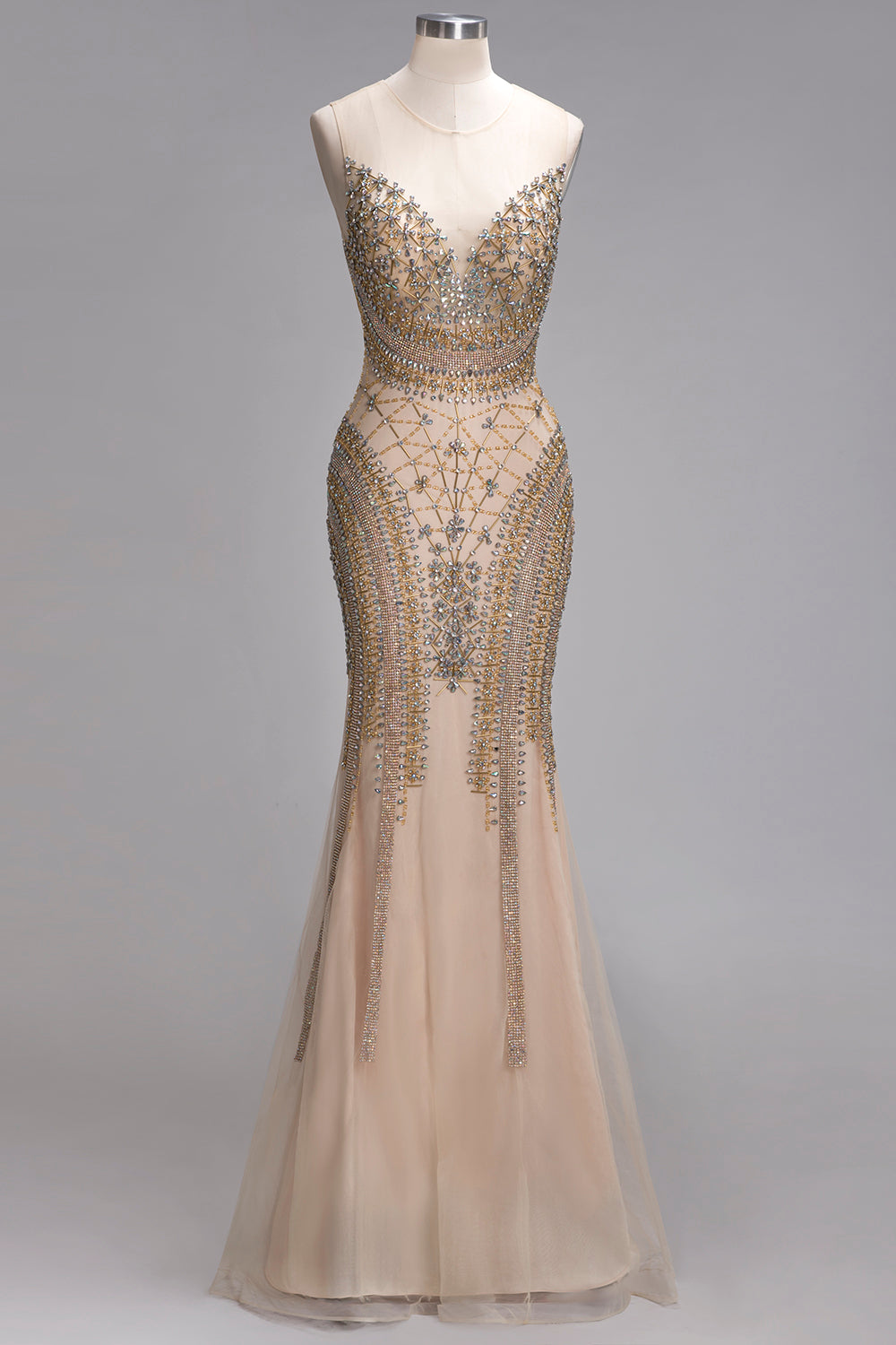 Long Mermaid Sleeveless Floor Length Backless Formal Evening Dresses with Beading