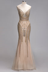 Long Mermaid Sleeveless Floor Length Backless Formal Evening Dresses with Beading