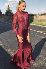 Burgundy Long High Neck Satin Mermaid Prom Dress with Sleeves