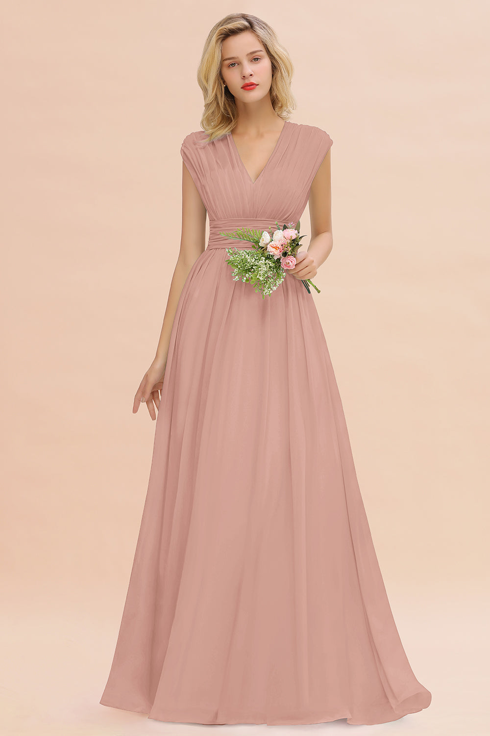 Chiffon V-Neck Sleeveless Elegant A-line Ruffles Bridesmaid Dress