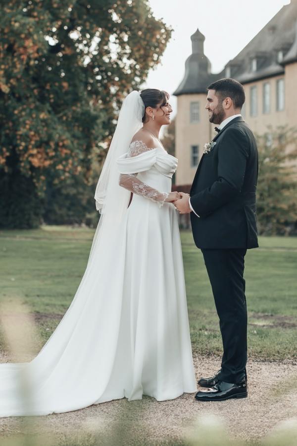 Long Off The Shoulder Split Front A-Line White Wedding Dress with Ruffles