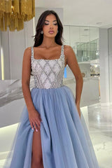 Square Neck A-Line Tulle Long Prom Dress with Split Front