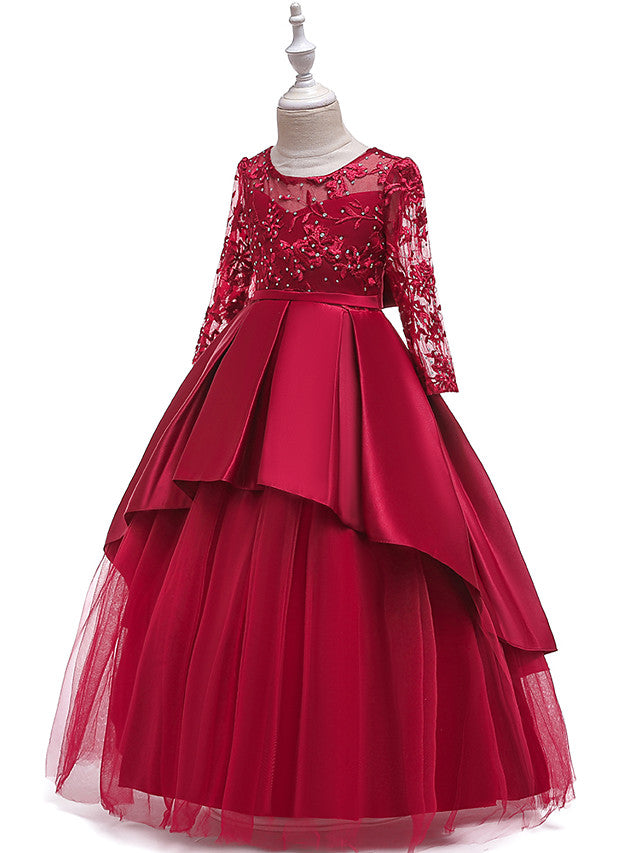 Long Ball Gown Satin Tulle Flower Girl Dresses with Sleeves