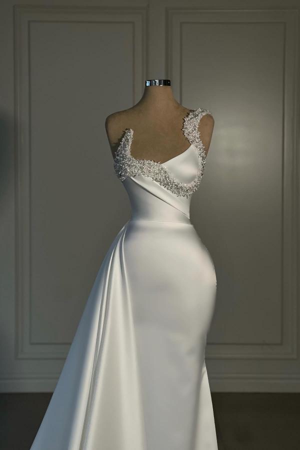 Long Mermaid White Strapless Satin Prom Dress with Beads