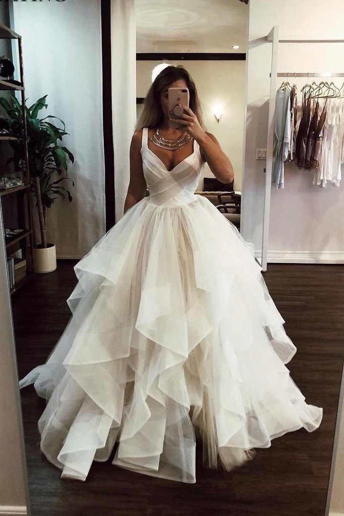 Unique Ball Gown Sweetheart Straps Long Tulle Ruffles Wedding Dress