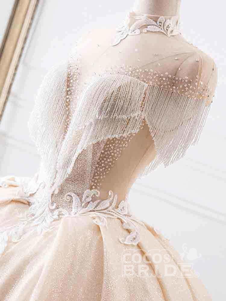 Elegant Long High Neck Tassel Sleeves Ball Gown Wedding Dresses