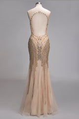 Long Mermaid Sleeveless Floor Length Backless Formal Evening Dresses with Beading