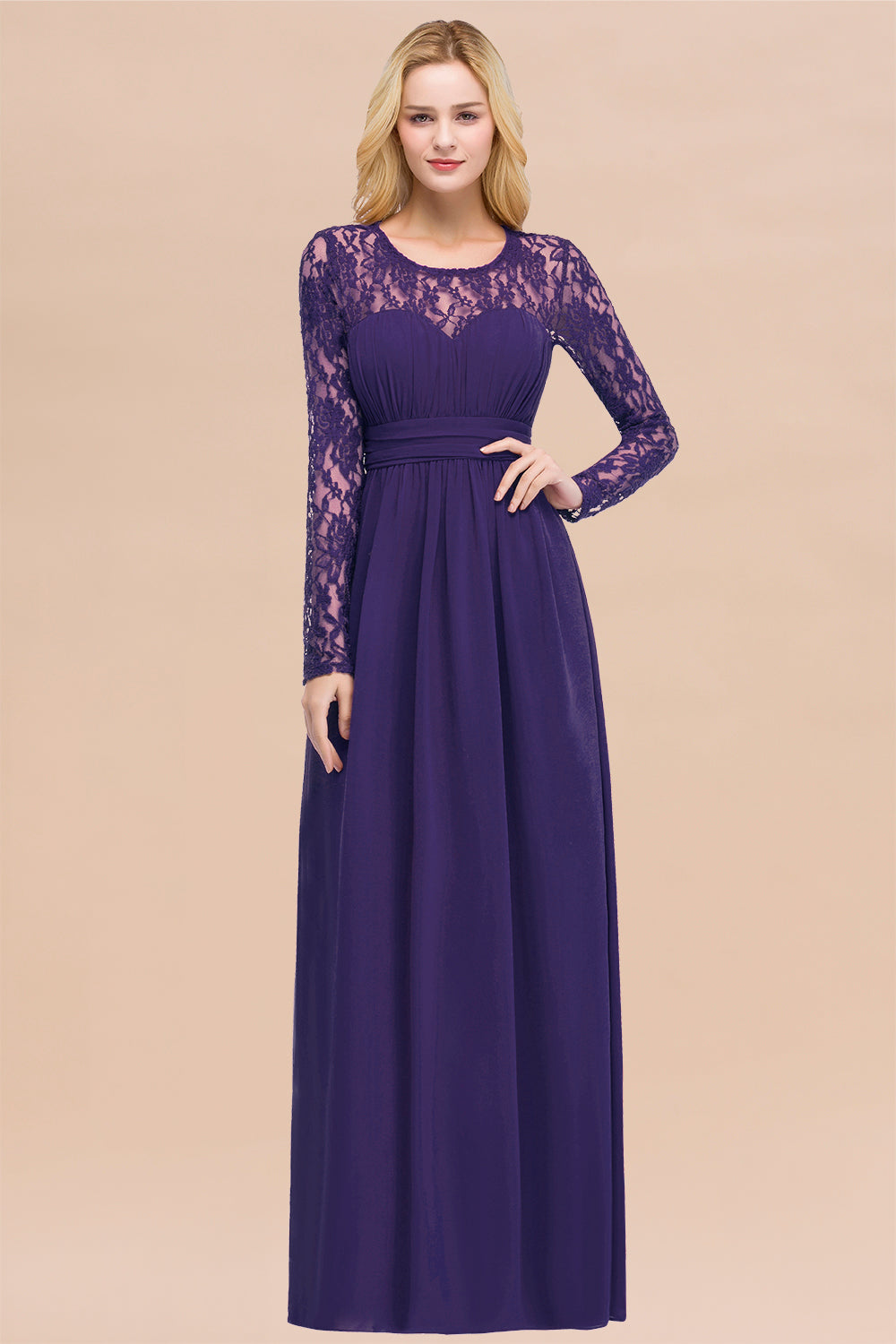 Elegant A-Line Chiffon Jewel Long Sleeves Ruffles Floor Length Bridesmaid Dresses