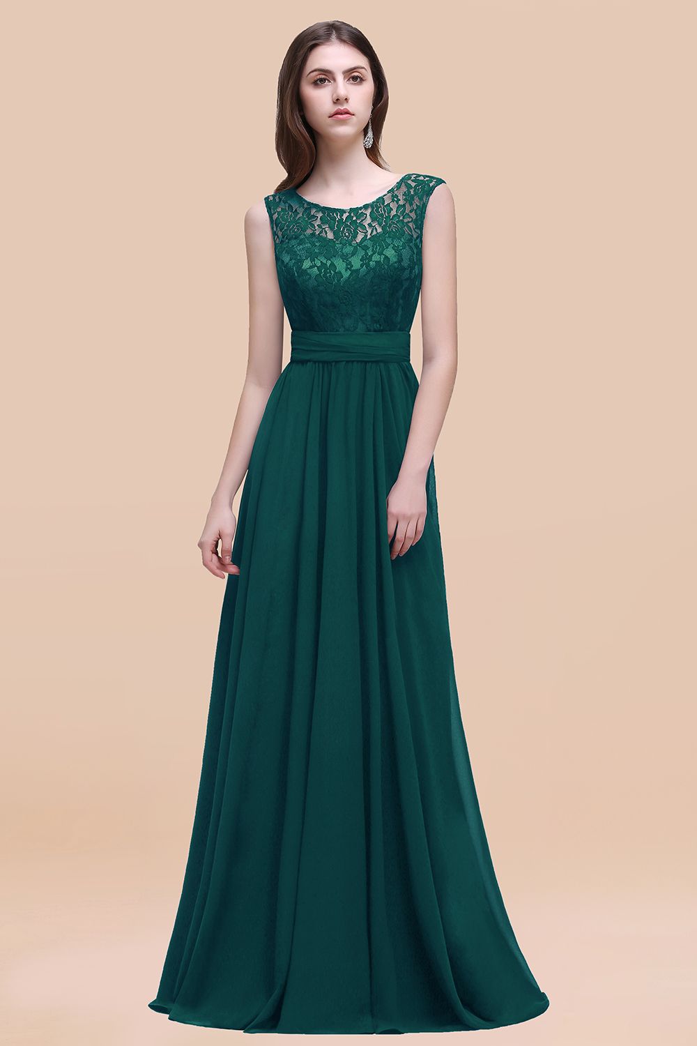 Elegant A-line Chiffon Lace Scoop Sleeveless Floor Length Bridesmaid Dress