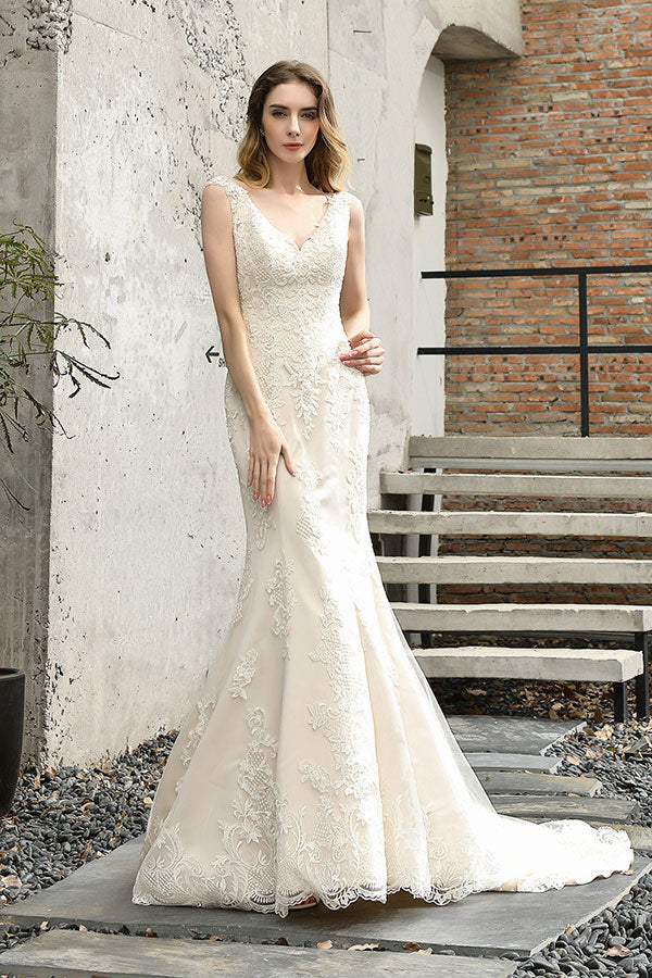 Elegant Long V-neck Mermaid Satin Lace Open Back Wedding Dress