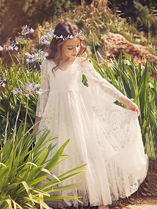 Long A-line V-neck Tulle Lace Flower Girl Dresses with Sleeves
