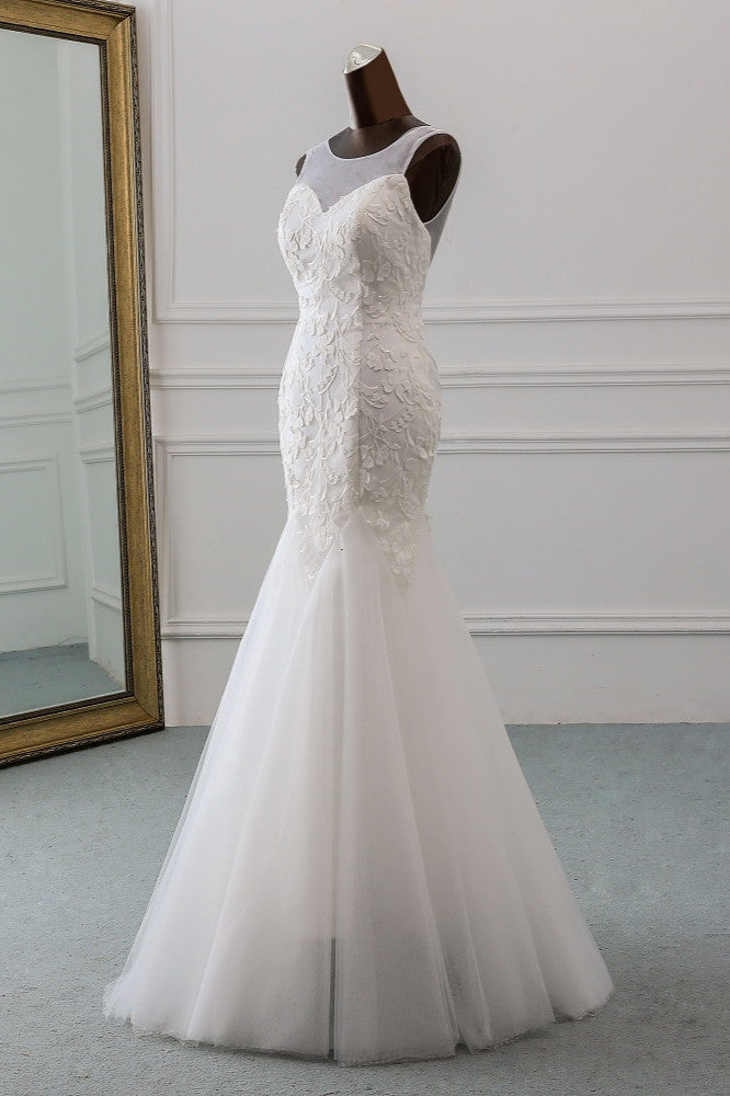 Elegant Long Mermaid Jewel Tulle Backless Wedding Dress with Lace