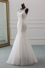 Elegant Long Mermaid Jewel Tulle Backless Wedding Dress with Lace
