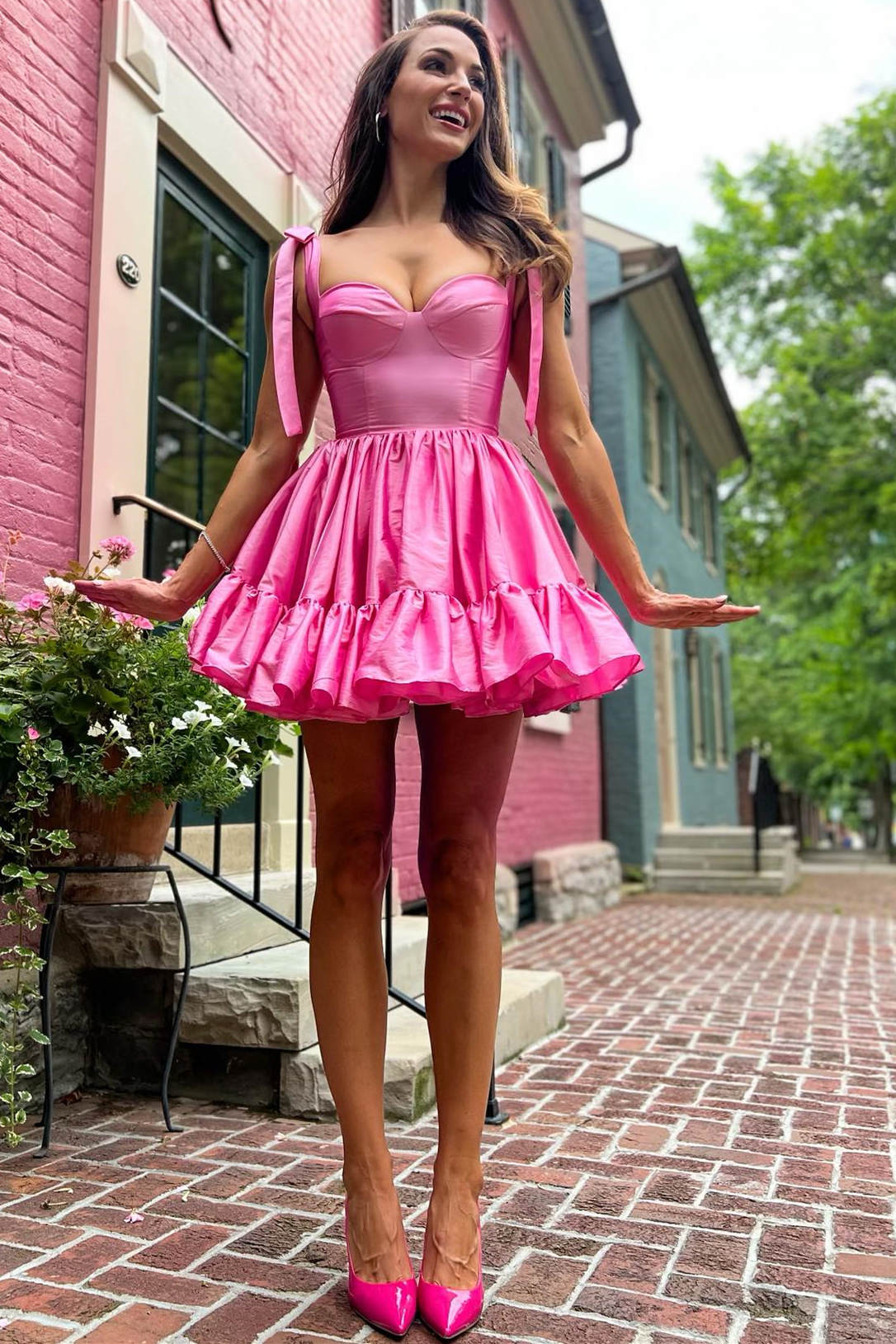 Cute A-line Tie Straps Satin Ruffle Short Homecoming Dress