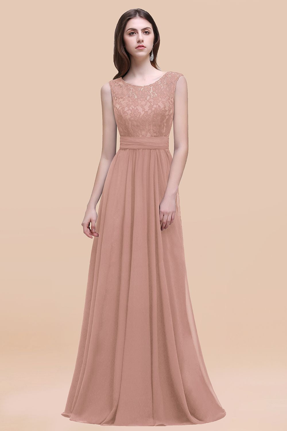 Elegant A-line Chiffon Lace Scoop Sleeveless Floor Length Bridesmaid Dress
