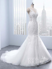 Elegant Long V-neck Lace Mermaid Tulle Wedding Dresses