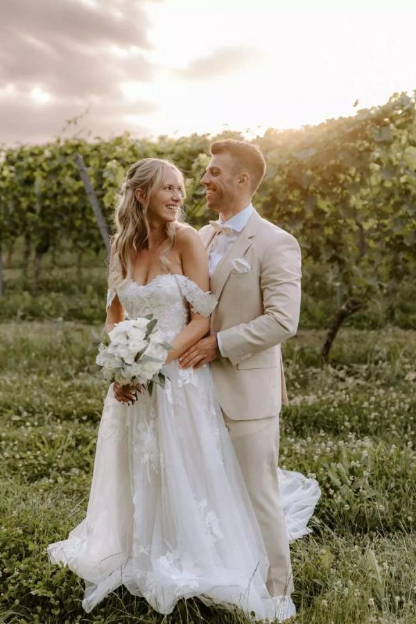 Elegant Long A-line Off the Shoulder Tulle Floral Lace Wedding Dress