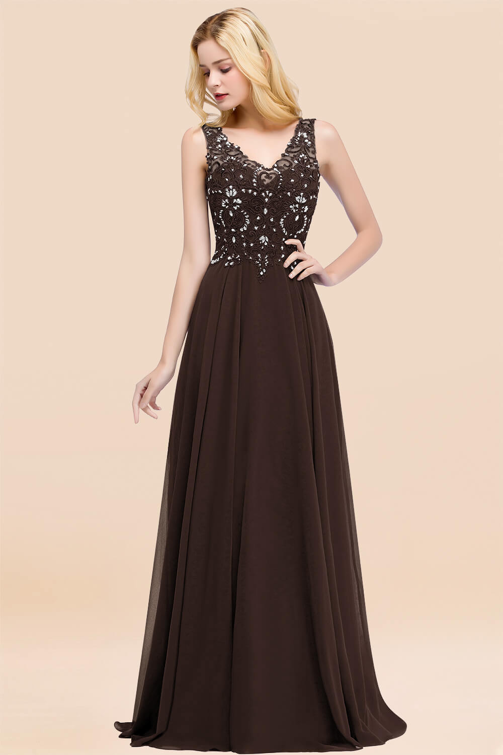 A-line Chiffon Appliques V-neck Sleeveless Floor Length Bridesmaid Dresses with Crystals