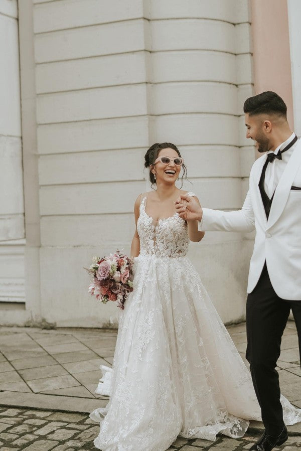 Simple Long A-line Sweetheart Lace Tulle Backless Wedding Dresses