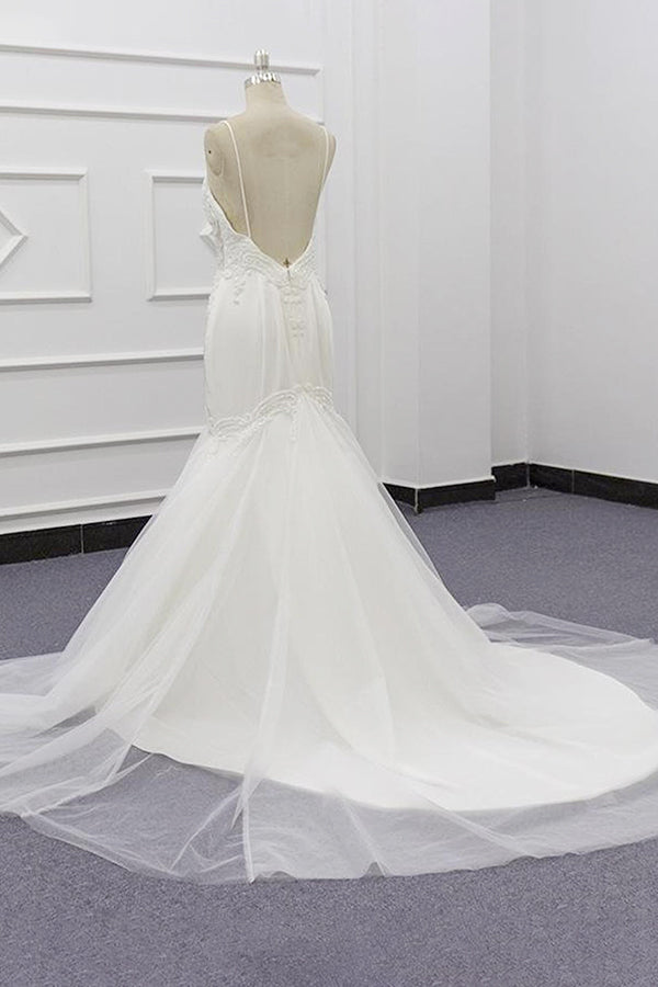 Chic Long Sweetheart Spaghetti Strap Beading Mermaid Wedding Dress