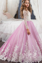 Tulle Lace Scoop Neck Long Sleeves Ball Gown Flower Girl Dress