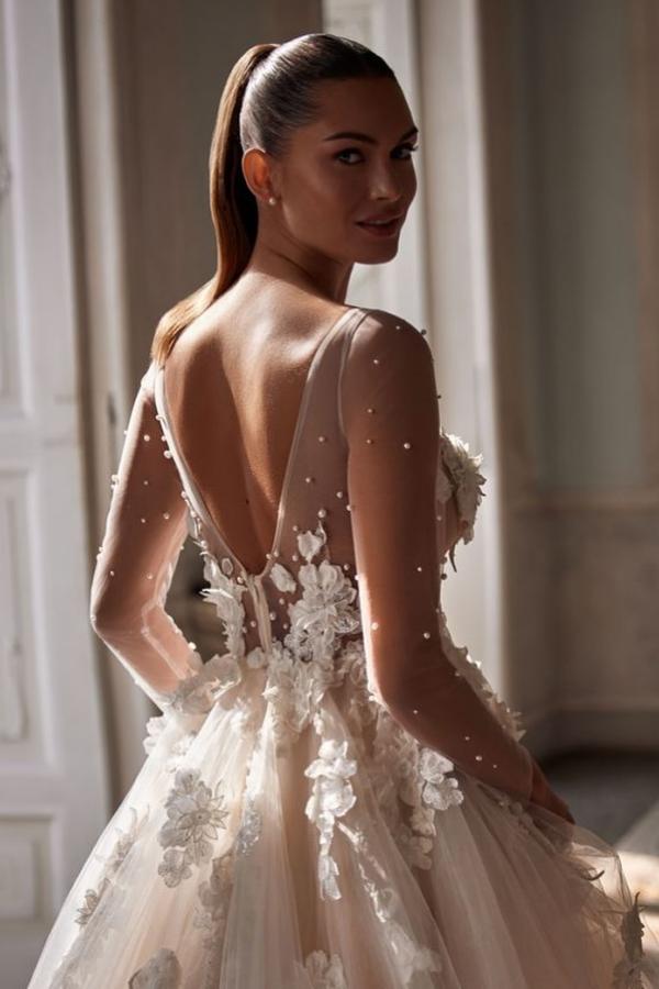 A Line Open Back Tulle Deep V Neck Long Sleeves Floor Length Wedding Dress with Lace