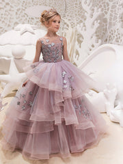 Long Ball Gown Tulle Sleeveless Jewel Neck Party Girl Dresses