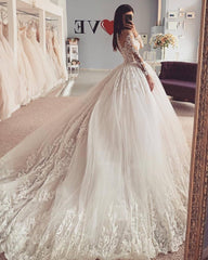 Classy Bateau Long Sleeve Appliques Lace A-Line Floor Length Tulle Wedding Dress