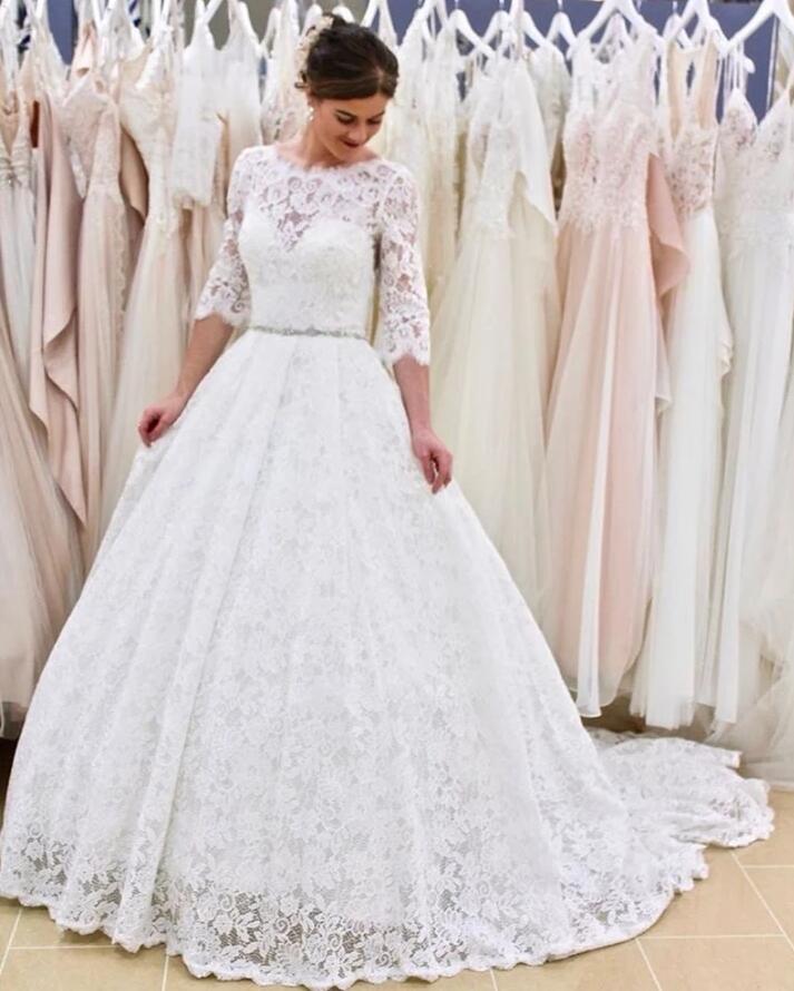 White Long A-line Lace Backless Wedding Dress with Sleeves
