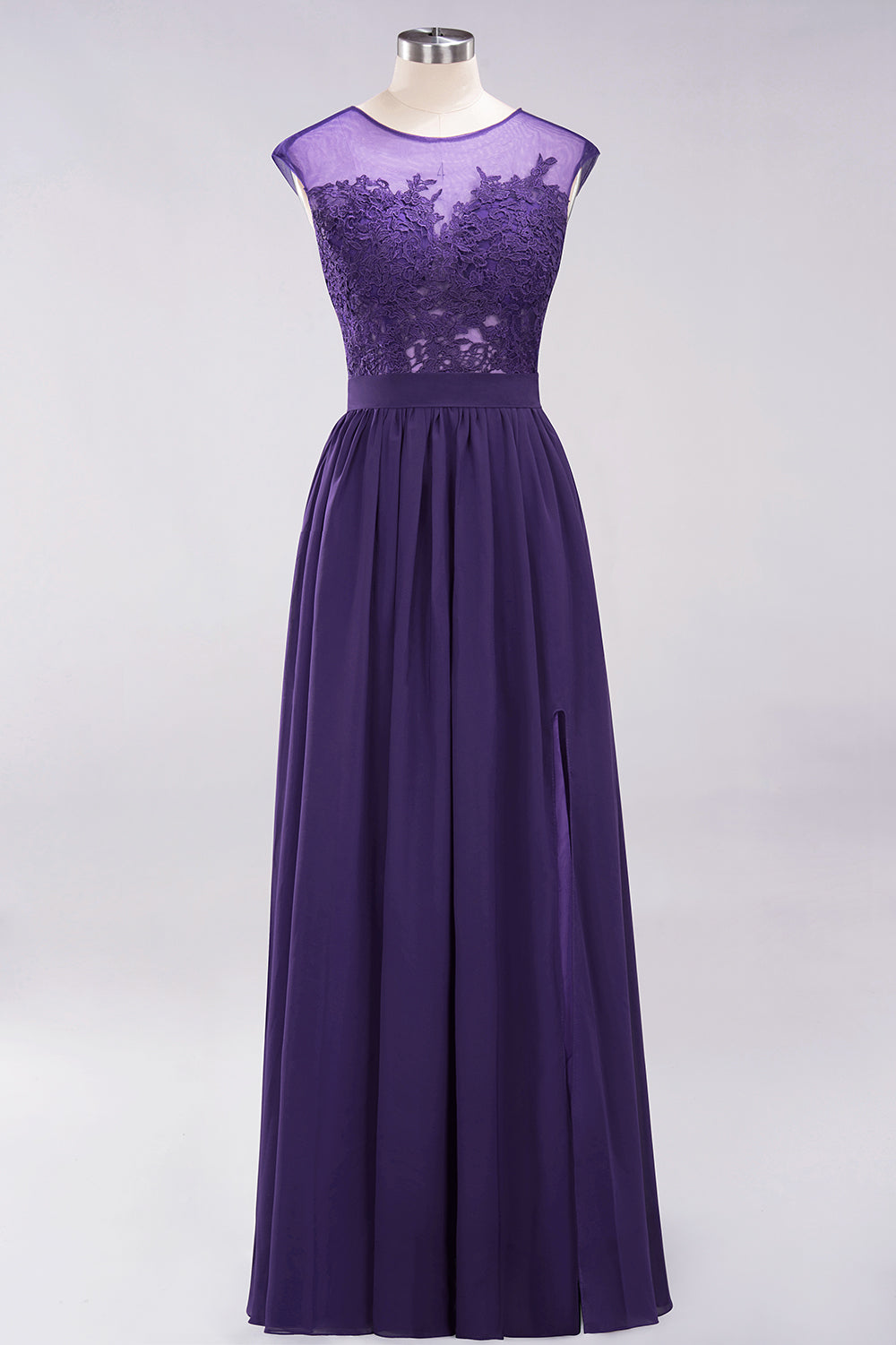 A-line Chiffon Lace Jewel Sleeveless Floor Length Bridesmaid Dresses with Appliques