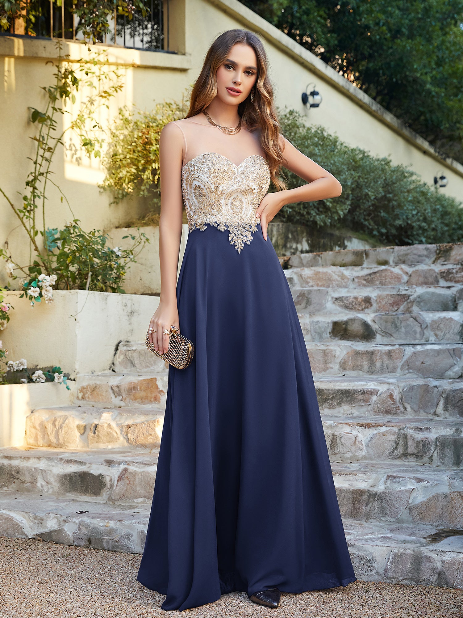 Elegant Long A-line Chiffon Sleeveless Tulle Lace Appliques Prom Dress