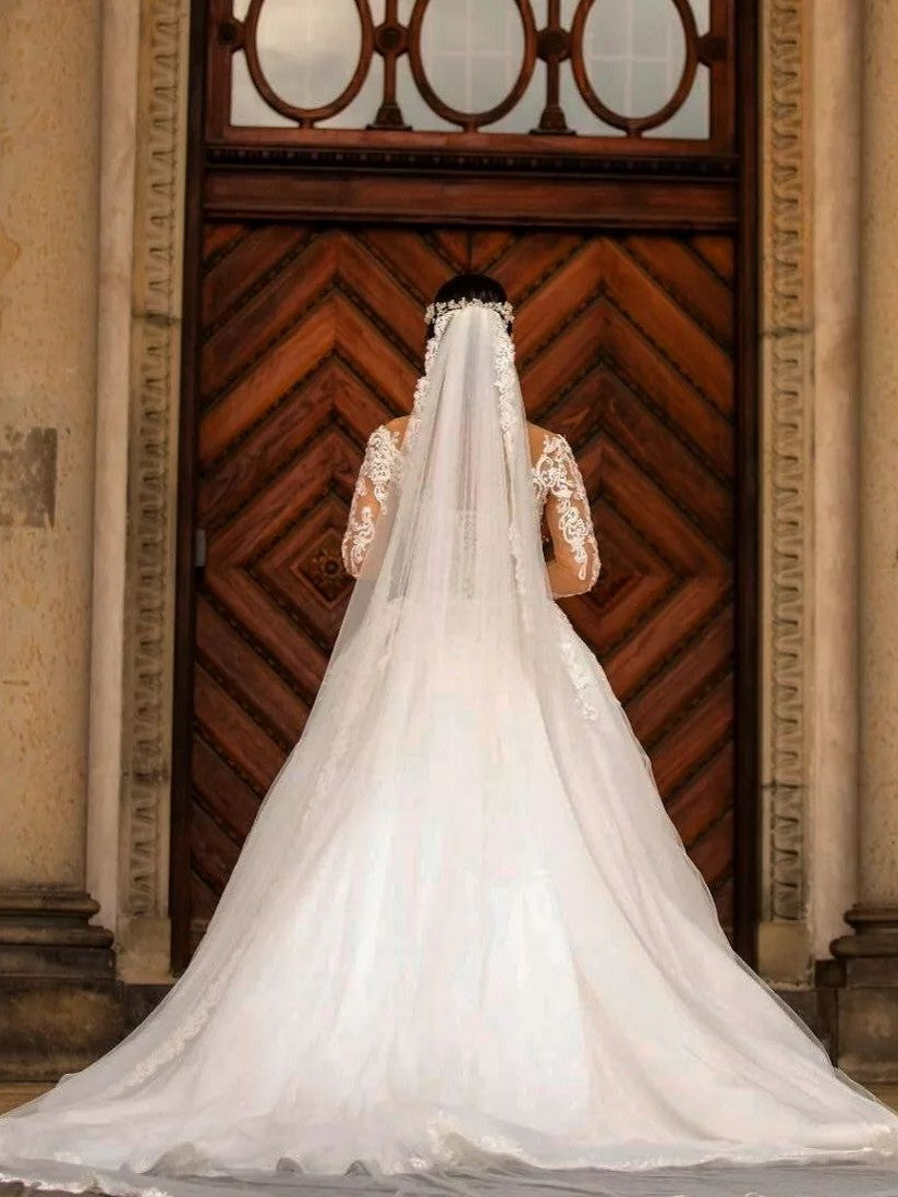 Modest Long Mermaid Off the Shoulder Lace Detachable Train Wedding Dress with Long Sleeves