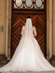 Modest Long Mermaid Off the Shoulder Lace Detachable Train Wedding Dress with Long Sleeves