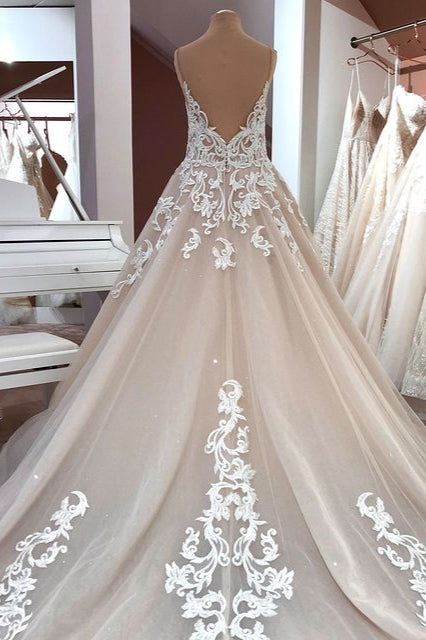 Long Spaghetti Straps A-Line Sequin Tulle Appliques Lace Wedding Dress