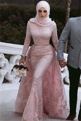 Long Mermaid High Neck Appliques Lace Tulle Prom Dress with Sleeves