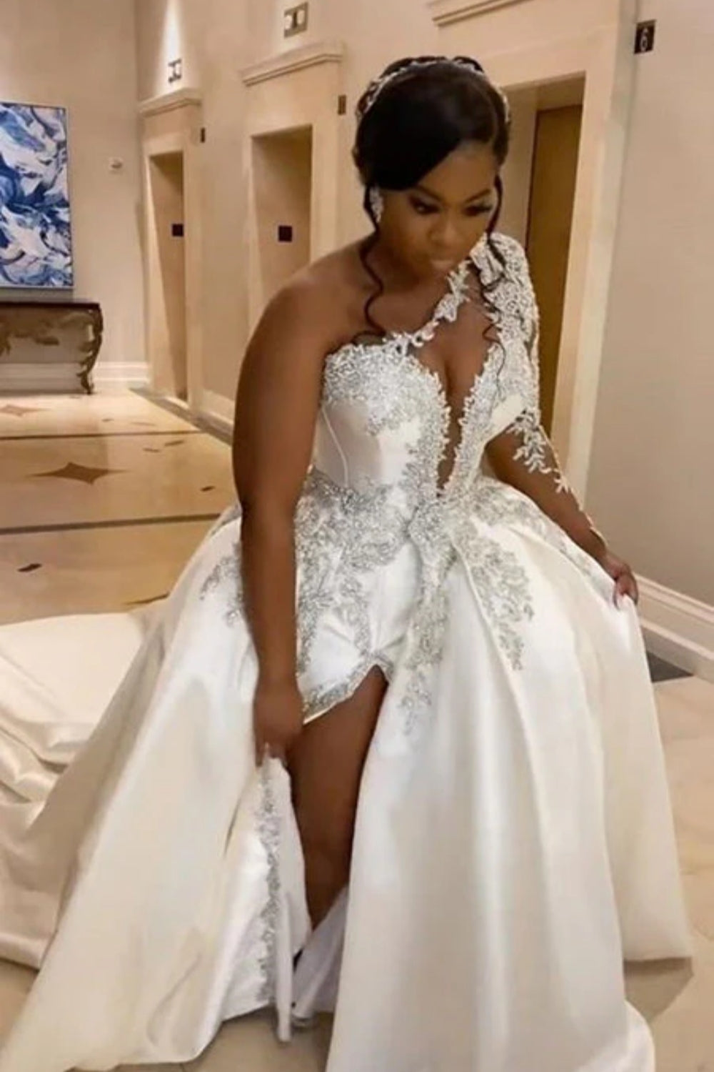 Gorgeous Long Sleeves Ball Gown One Shoulder Satin Lace Wedding Dress with Side Split