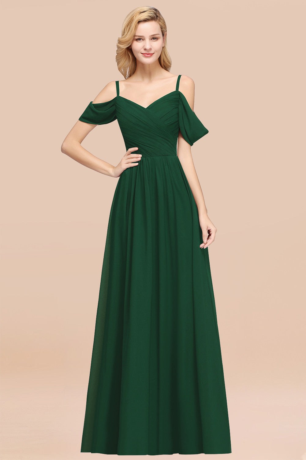 A-Line Chiffon V-Neck Spaghetti Straps Short Sleeves Floor Length Bridesmaid Dresses with Ruffles