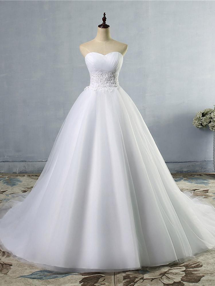 Gorgeous Long Strapless Ball Gown Tulle White Wedding Dresses