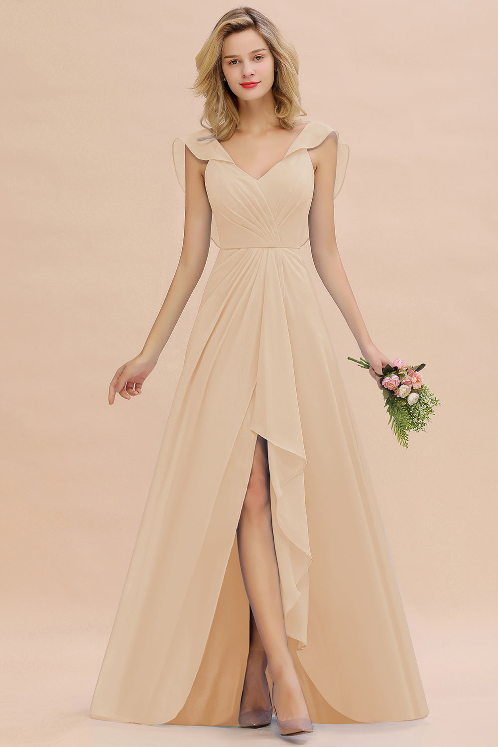 Simple High Low A-line V-Neck Ruffles Chiffon Bridesmaid Dress