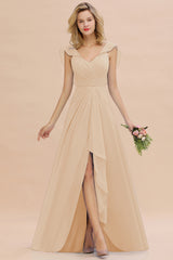 Simple High Low A-line V-Neck Ruffles Chiffon Champagne Bridesmaid Dress