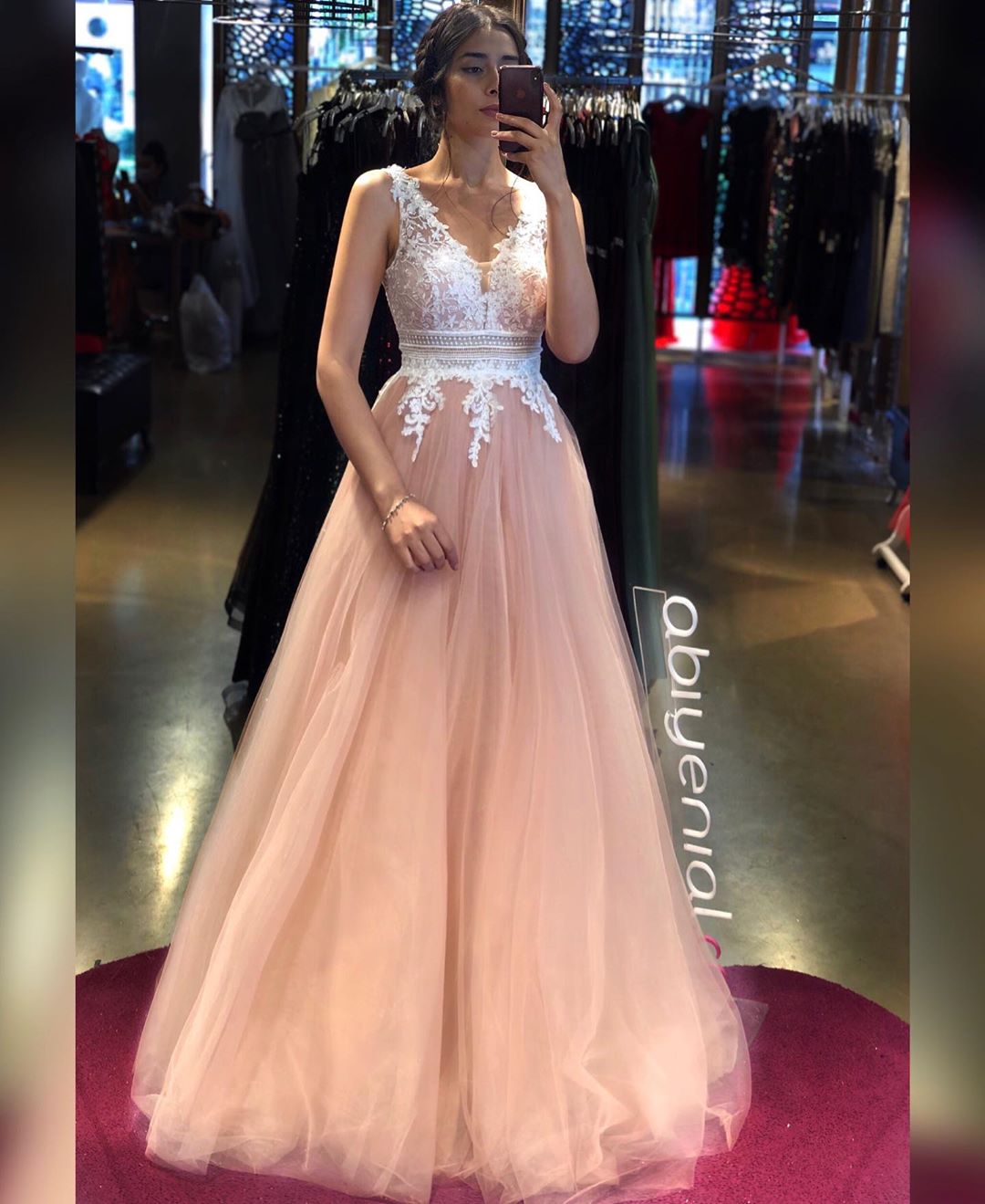 Long A-line V-neck Spaghetti Straps Backless Appliques Lace Tulle Prom Dress