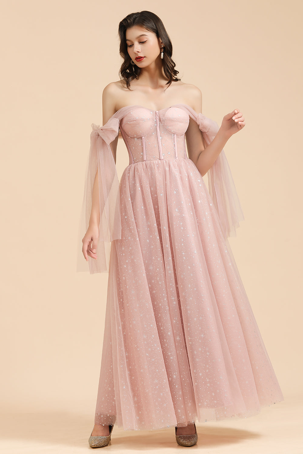BM2007 A-line Pink Off The Shoulder Bow Tulle Floor Length Bridesmaid Dress