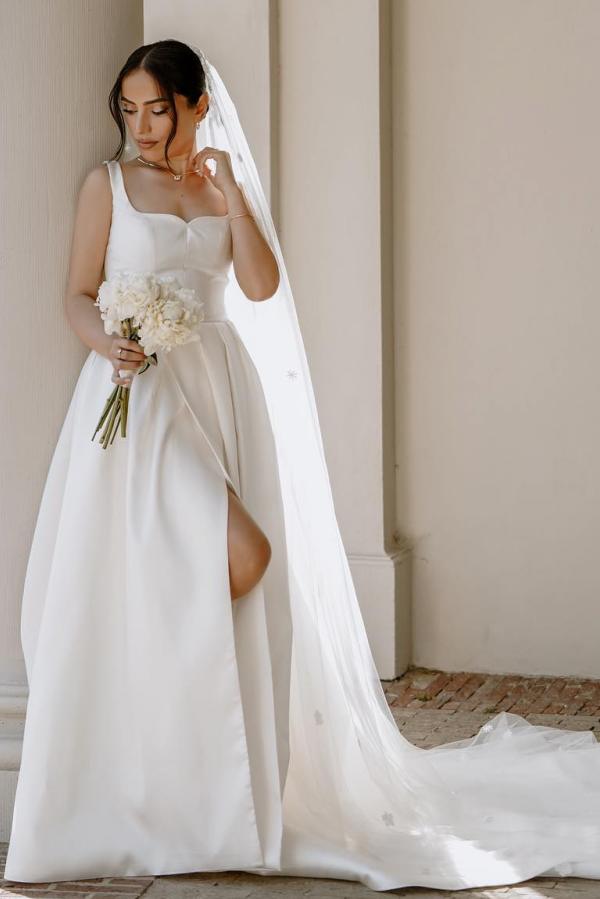 Satin Split Front Square Neck A-Line Satin Long Wedding Dress